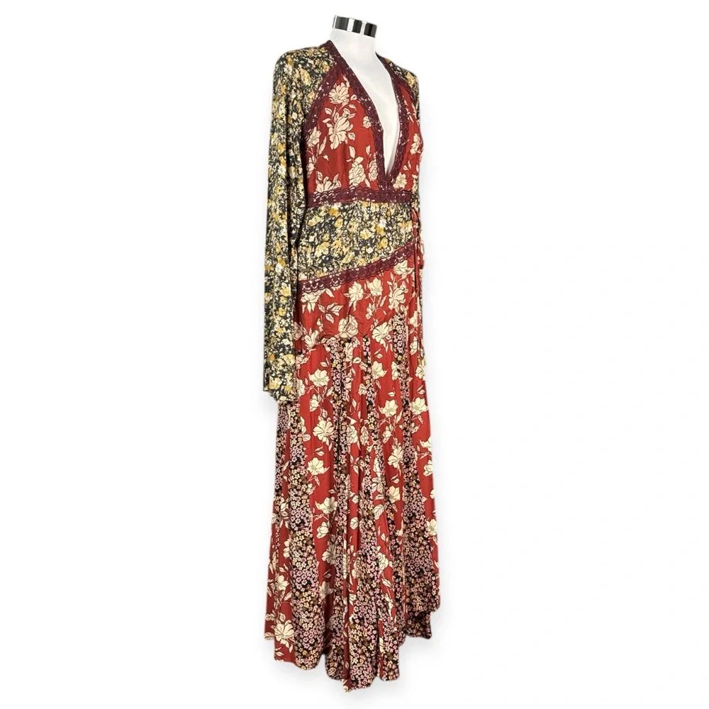 NWT FREE PEOPLE TILDA FLORAL PATCHWORK MAXI DRESS BOHO WRAP BELL SLEEVES SIZE L